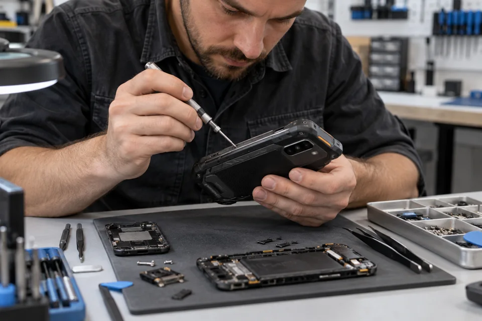 Migliori smartphone rugged: come scegliere e confrontare i modelli 6 Ispezione di un telefono su un banco di riparazione