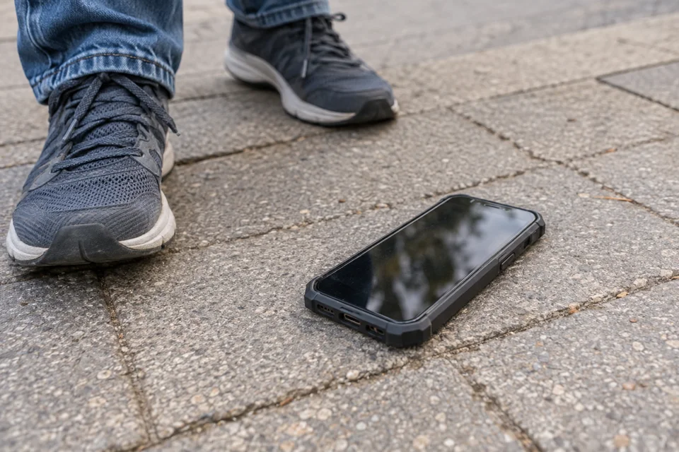 Migliori smartphone rugged: come scegliere e confrontare i modelli 9 Telefono con custodia protettiva su un marciapiede dopo una caduta