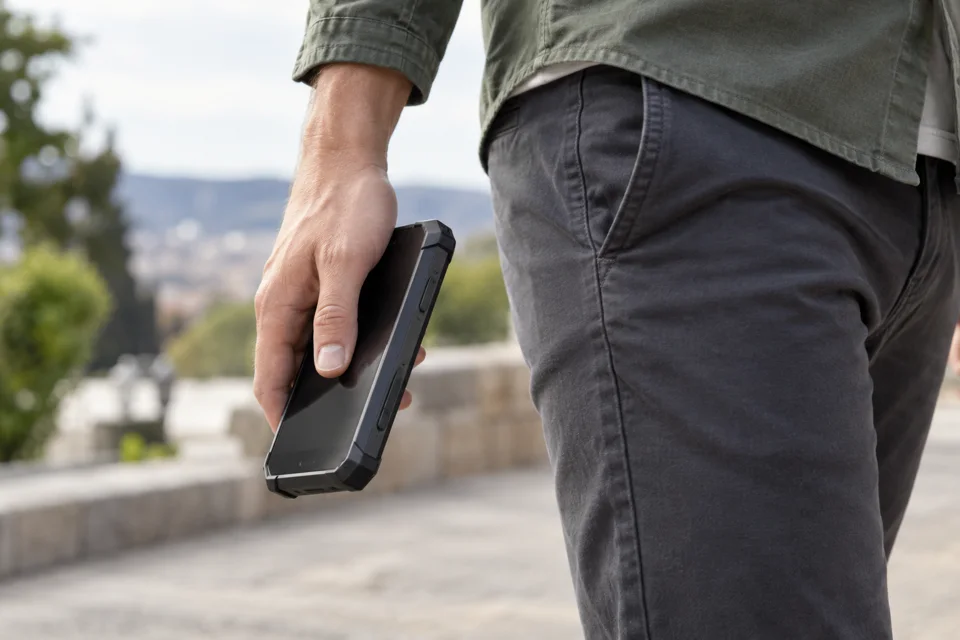 Migliori smartphone rugged: come scegliere e confrontare i modelli 1 Telefono rugged tenuto in mano vicino alla tasca