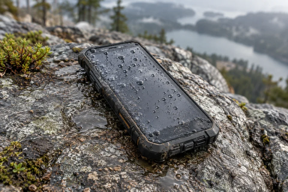 Migliori smartphone rugged: come scegliere e confrontare i modelli 5 Telefono rugged con gocce d’acqua dopo la pioggia