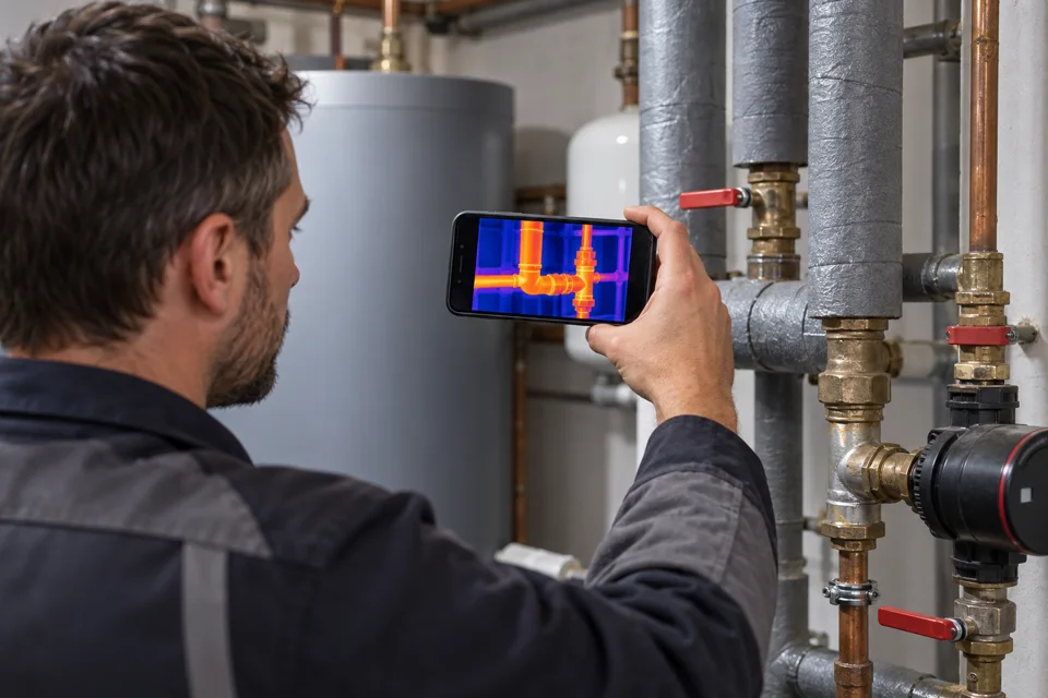 Migliori smartphone rugged: come scegliere e confrontare i modelli 10 Tecnico che osserva tubazioni con una termocamera su un telefono