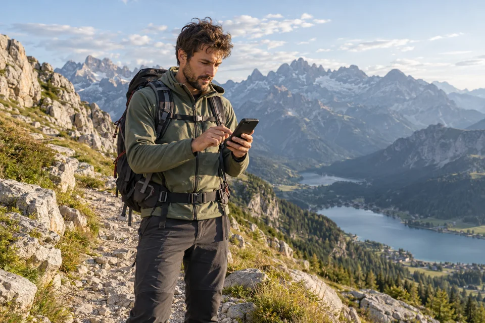 Migliori smartphone rugged: come scegliere e confrontare i modelli 8 Escursionista che consulta un telefono su un sentiero di montagna