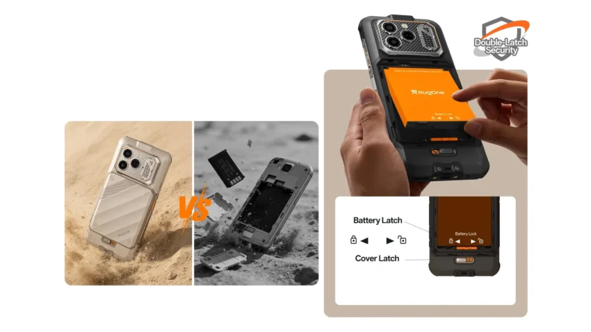 RugOne Xever 8: batteria sostituibile per i turni lunghi 2 RugOne Xever 8 con vano batteria aperto e schermata Battery Lock