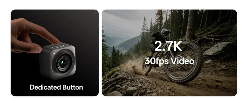 RugOne Xsnap 7 Pro: lo smartphone rugged con action cam rimovibile 3 Dito sul pulsante superiore della camera Xsnap Go e ciclista su un sentiero nel bosco
